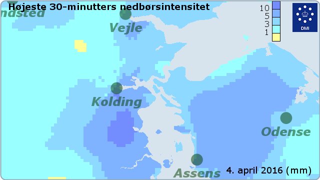 dmidk's tweet image. Kolding tæt på #skybrud
12,4mm på 30min, kriteriet &amp;gt;15mm
#Meteorolog: "Usædvanligt tidligt"
dmi.dk/nyheder/arkiv/…