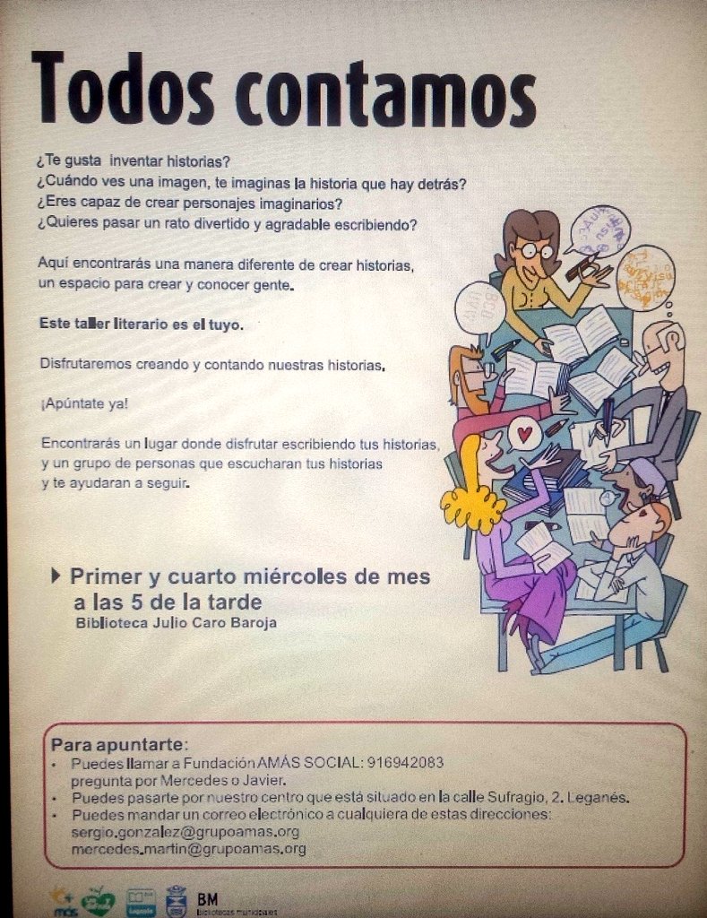 SergioAguinaga6's tweet photo. Hay plazas en el #clublecturafacil y en el #tallerliterario #todoscontamos  @AytoLeganes @GrupoAMAS  ¡Apuntate! https://t.co/k8ePPwC2wS