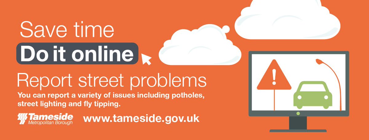 TamesideCouncil's tweet photo. Street problems? You can report issues including street lighting, potholes and fly-tipping. #SaveTimeDoItOnline https://t.co/K9y0exglPt