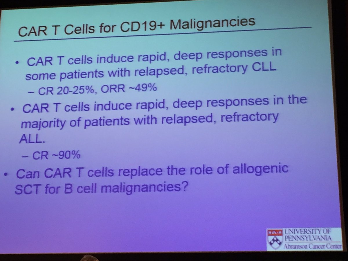 mtmdphd's tweet photo. #EBMT16 CART #ImmunoOnc #bmtsm Porter - CAR T cells bf, after or instead of allo SCT: CD19 summary https://t.co/hOyeKoVzx4