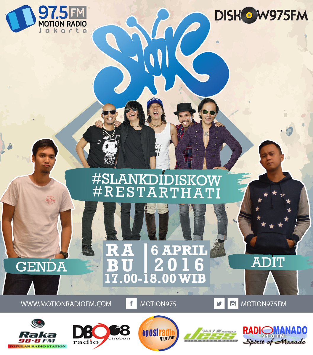 MOTION975FM's tweet photo. Besok jgn ketinggalan ya @slankdotcom bakalan main ke #DISKOW975FM bareng @gendaasoy @_adeaditya #SlankDiDISKOW https://t.co/lVTKRTr9cr