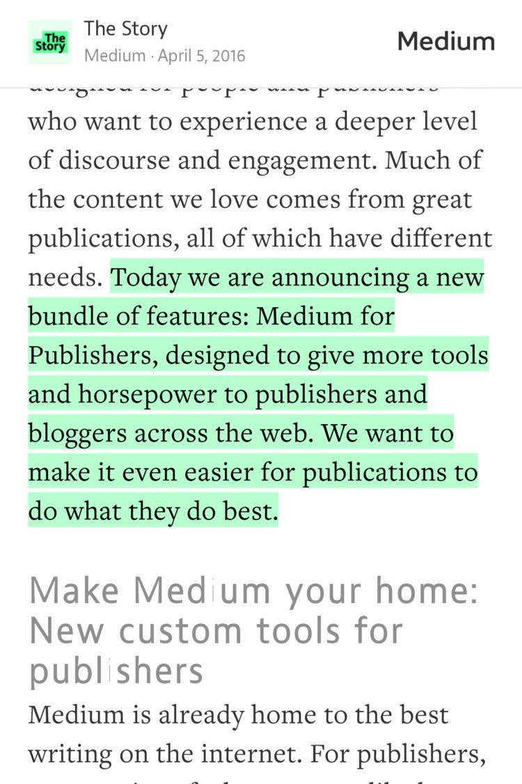 “…Today we are announcing a new bundle of features: Medium for Publishers, designed to give more tools and horsepower to publishers and bloggers across the web. We want to make it even easier for publications to do what they do best.” from “Making Medium More Powerful for Publishers” by Medium.