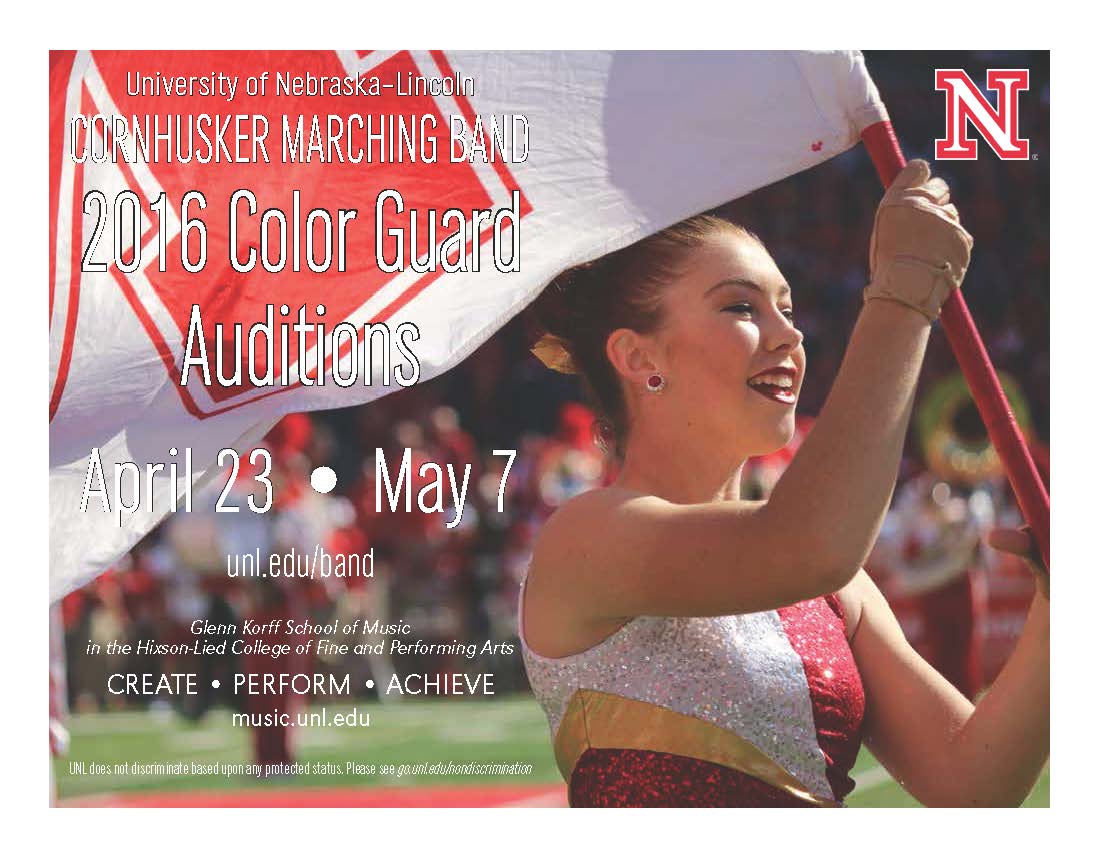 UNLBands's tweet photo. CMB Color Guard auditions are coming up! Come spin for Nebraska! https://t.co/kiMGDFrZVc