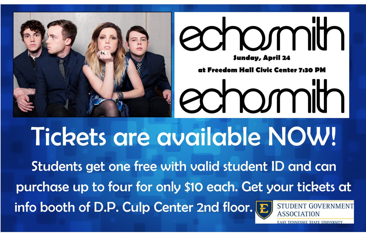 ETSUMajorEvents's tweet photo. Once again it's spring concert time at ETSU. Our concert this year is EchoSmith. Student tickets now available!!! https://t.co/MTgD32vuto