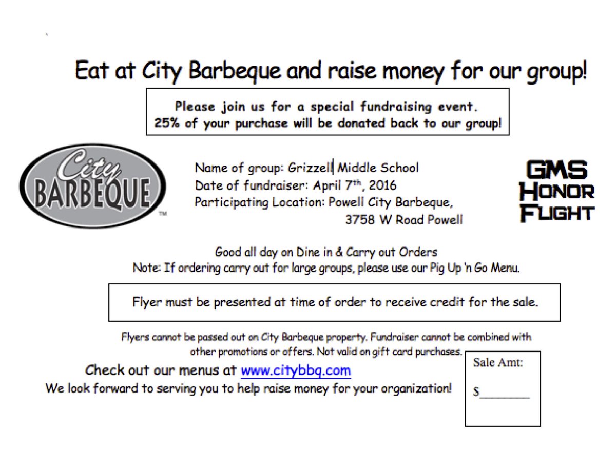 gmsDCSD's tweet photo. Please remember to support @dubhonorflight Thursday at City BBQ in Powell. Must present attached flier. https://t.co/GmXA6CYOcr