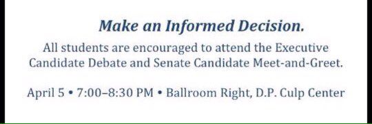 ETSUMajorEvents's tweet photo. Come out for our SGA executive candidate debate today! Be there, be informed. https://t.co/fQN3hTcxvK