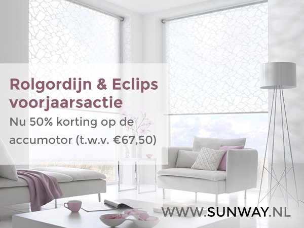 Bij aankoop SUNWAY  #rolgordijn of #Eclips nu 50% korting op een accumotor (t.w.v. € 67,50) sunway.nl