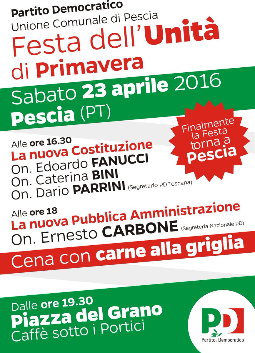 Torna a #Pescia la #FestaDellUnità: 23/4, 16.30. Con <a href="/EdoardoFanucci/">Edoardo Fanucci</a>, <a href="/caterinabini/">Caterina Bini</a>, <a href="/DarioParrini/">Dario Parrini</a>, <a href="/ernestocarbone/">Ernesto Carbone</a>.