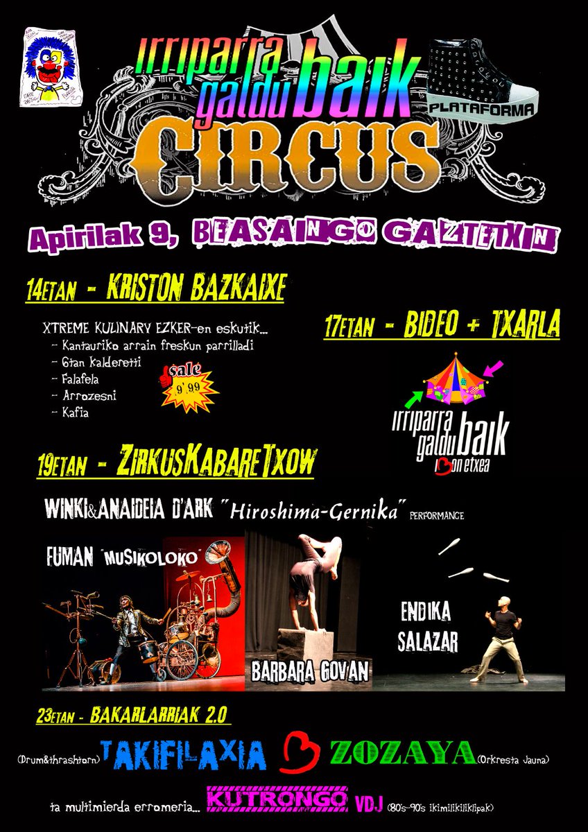 IparraGalduBaik's tweet photo. Larunbat honetan, Beasaingo Gaztetxean. 
Este sabado en el Gaztetxe de Beasain. 
IRRIFARRA GALDU BAIK CIRKUS. https://t.co/VuCzf03DD1