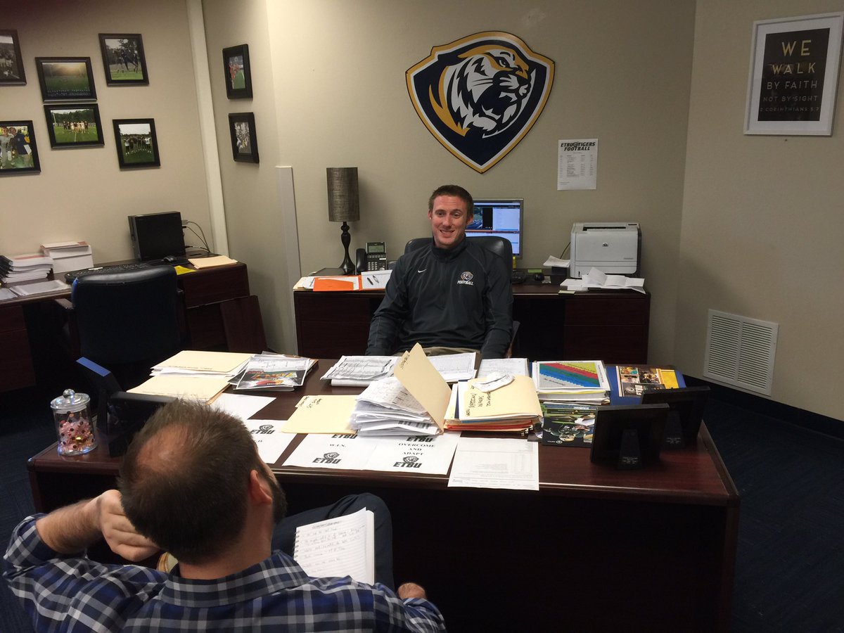 adam_ledyard's tweet photo. #CoachesLife | @ETBU_Football @ETBUCoachW talking football w/a reporter -- youngest head coach in NCAA #ETBURoar https://t.co/5VayO5ApR4