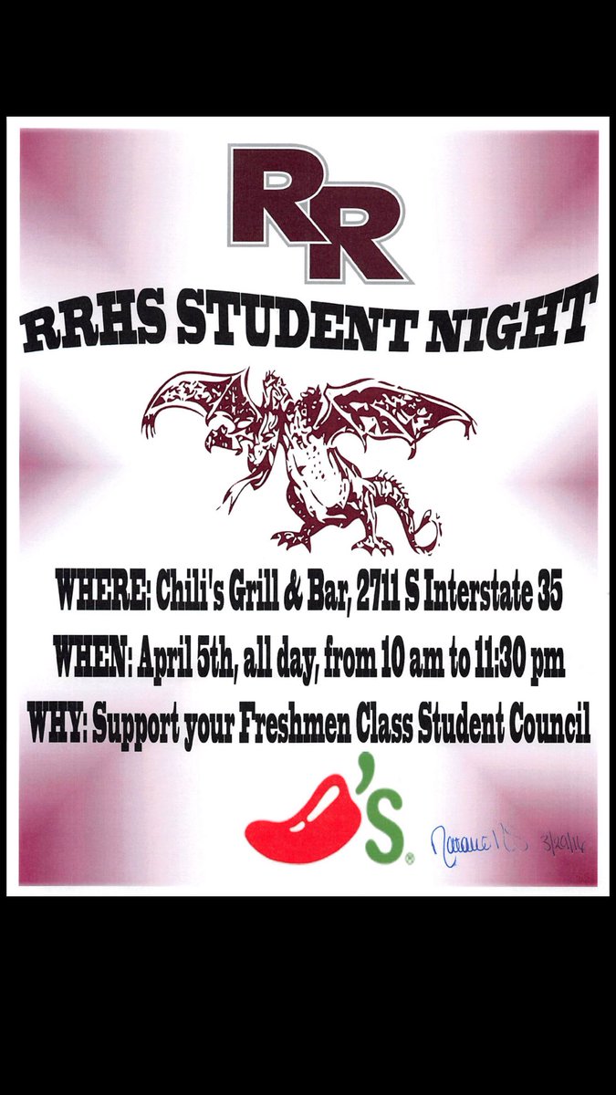 cgeorgens's tweet photo. @DragonNationRR Eat @ Chili's RR by La Frontera/Home Depot today 10am-11:30pm &amp; mention RRHS Freshmen Class Council. https://t.co/d2vYqRYfuy