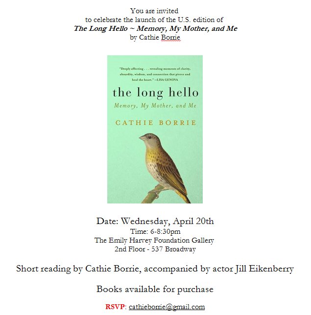 wearecaringkind's tweet photo. Join us to celebrate the release of #TheLongHello by @CathieBorrie w/ a reading feat. Jill Eikenberry on April 20. https://t.co/ePfsDYUeQr