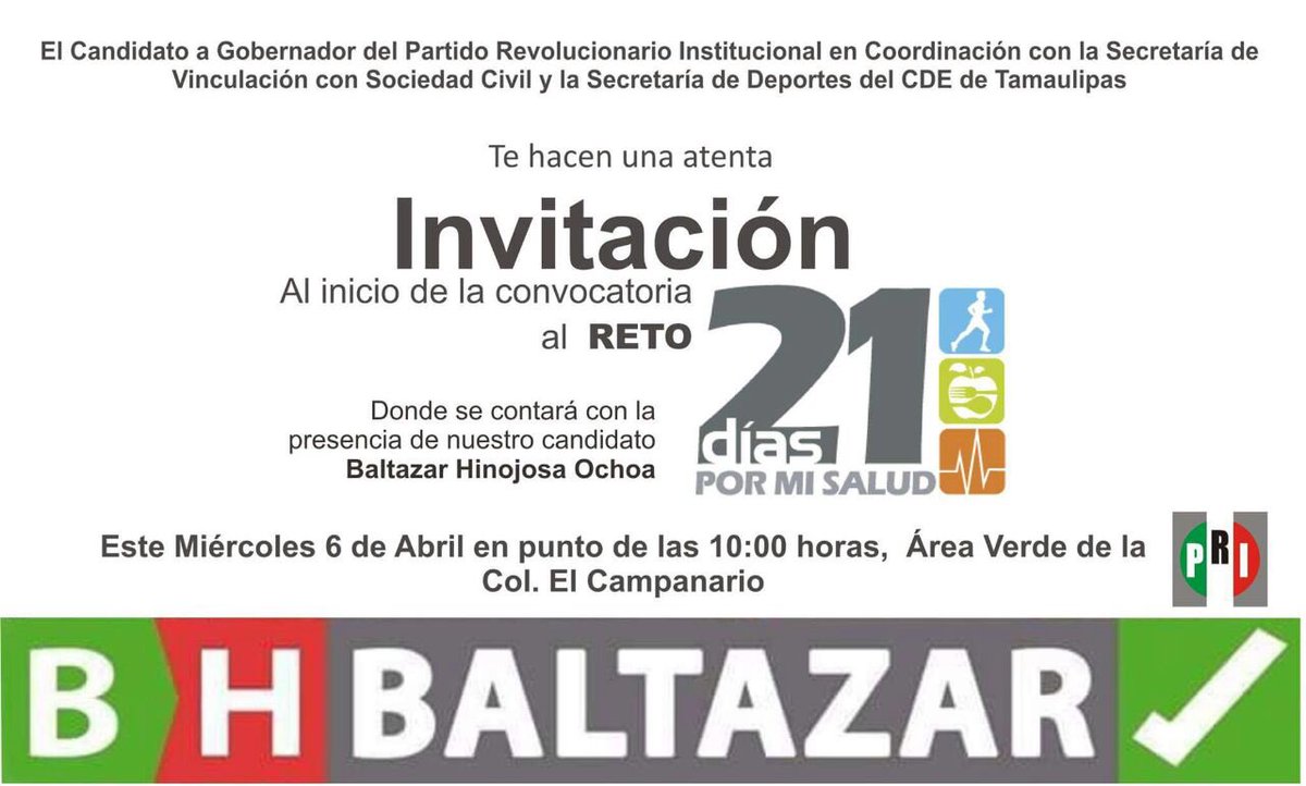 ReynosaPRI's tweet photo. ¡Te invitamos el día de mañana!Contaremos con la presencia de nuestro candidato a gobernador, @BaltazarxTam #Reto21 https://t.co/42IHSu0RRq