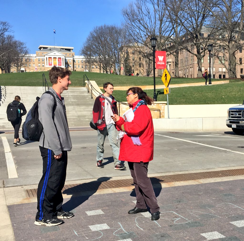 NationalNurses's tweet photo. It's chilly on campus at @UWMadison but nurses are helping voters &amp; students #FeelTheBern! #Nurses4Bernie #WIPrimary https://t.co/pAJ66F5a1b