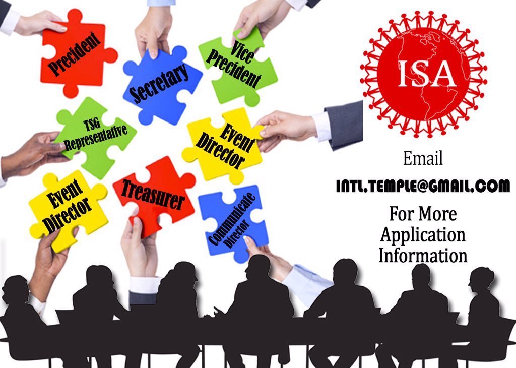 TempleISA's tweet image. ISA Family,
Don't forget Election GBM this afternoon. Our candidates are waiting to be chosen for new E-Board!