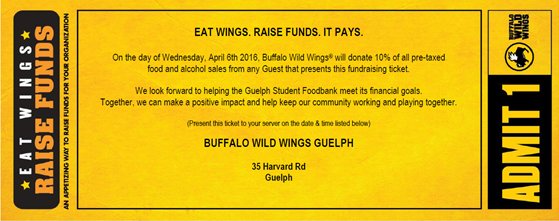 csaguelph's tweet photo. TOMORROW: dine @BuffaloWildWings &amp; present the ticket to donate 10% of the money spent to our CSA @StudentFoodBank! https://t.co/qXxRXad6W2