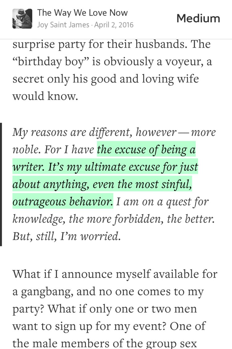 “…the excuse of being a writer. It’s my ultimate excuse for just about anything, even the most sinful, outrageous behavior.…” from “Bukkake Babe, That’s Me! Or is it?” by Joy Saint James.