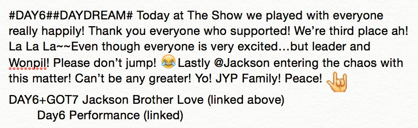 sundaytrans's tweet photo. [160405] Eng Trans DAY6Official Weibo
w/ Jackson: https://t.co/CJ2xTyz2fl
Performance: https://t.co/v6DALqO4Rb https://t.co/5IIQd19weV