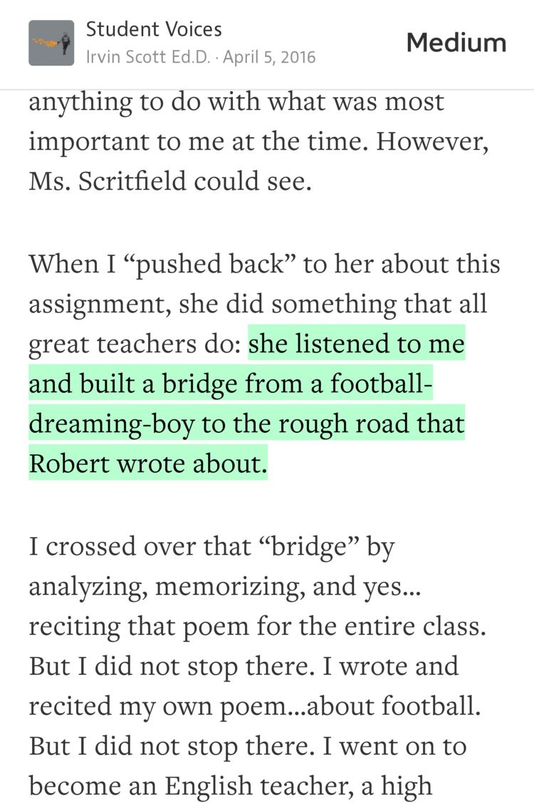 “…she listened to me and built a bridge from a football-dreaming-boy to the rough road that Robert wrote about.” from “The Bridge that Ms. Scritchfield Built….” by Irvin Scott Ed.D..