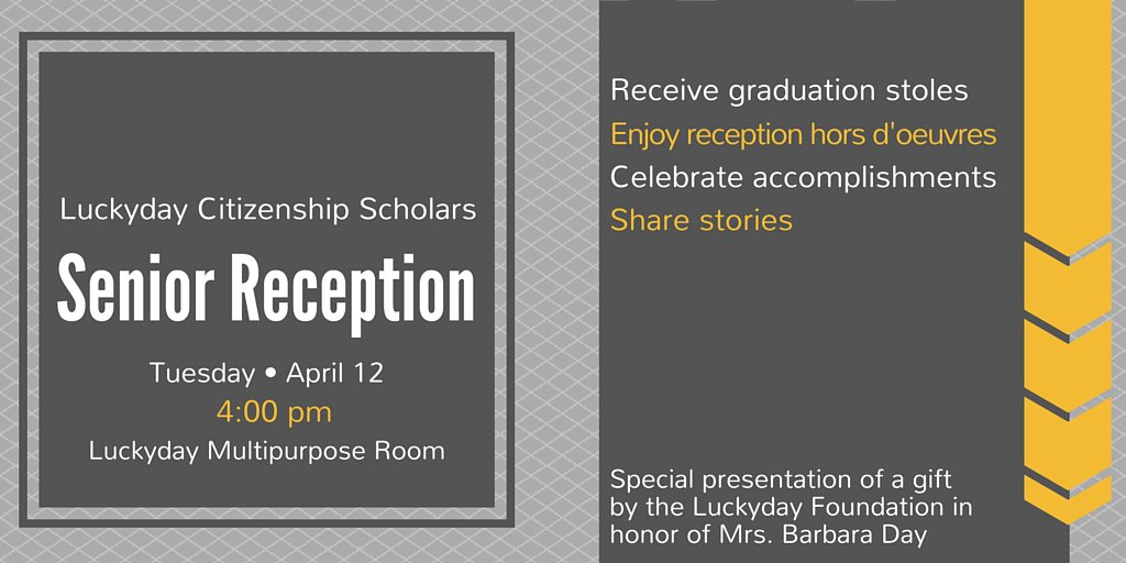LuckydayUSM's tweet photo. We're excited to celebrate the Luckyday Class of 2016 next Tuesday at our Senior Reception! #LDTTT #SMTTT https://t.co/1qq0fRVix7