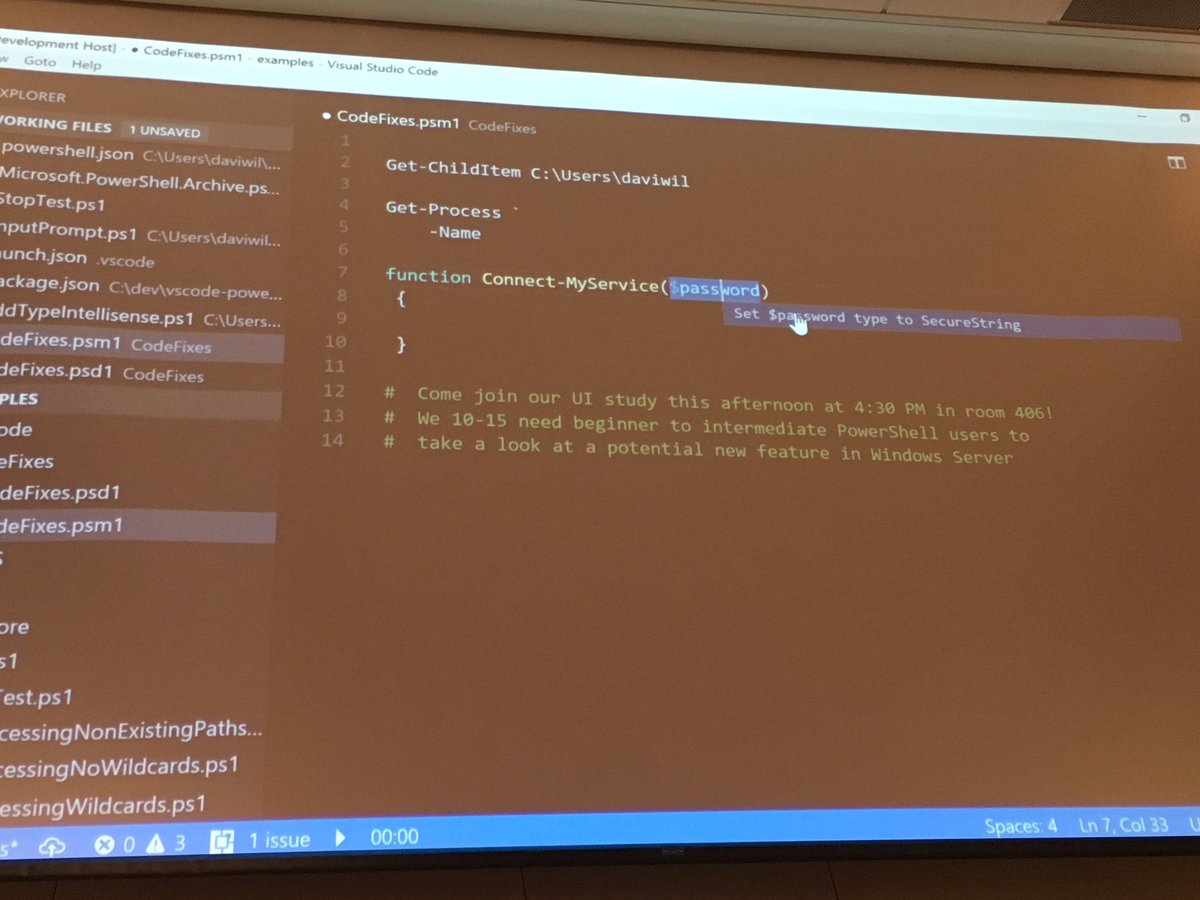 devblackops's tweet image. Inline code fixes using #PSScriptAnalyzer coming to #VSCode soon. #PSHSummit