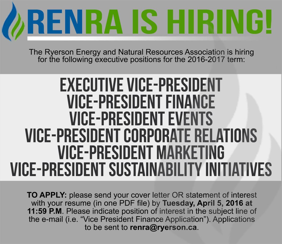 RyersonEnergy's tweet photo. Today is THE last day to apply for the 2016-2017 exec team!! Job descriptions here: https://t.co/fUrd4iaj3C https://t.co/UMPqQKeJoX