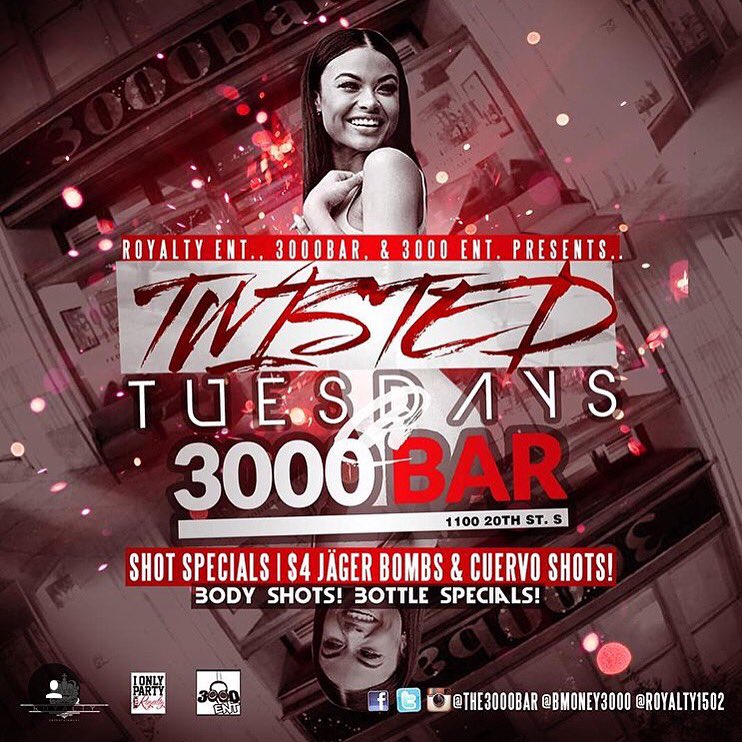 The3000Bar's tweet photo. Get ready for Twisted Tuesday tonight at #3000bar! We have new shot specials $4 Jäger Bombs & Cuevo shots!! https://t.co/seTD6XFmH7