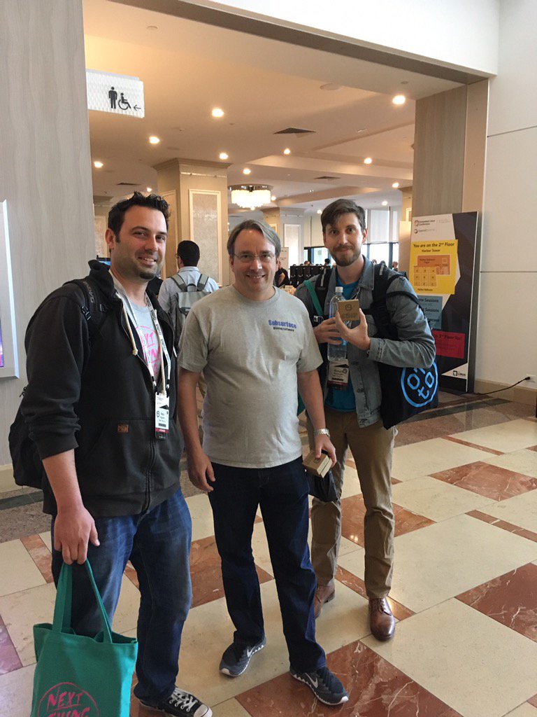 nextthingco's tweet image. It was an honor Mr. Torvalds. Thanks for Linux. Enjoy your C.H.I.P.s. #lfelc #getchip