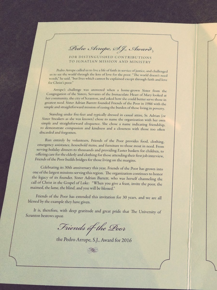 UofSCommunity's tweet photo. Congratulations to Friends of the Poor on being the 2016 @univofscranton Arrupe award recipient. https://t.co/a7GbHLdQYD