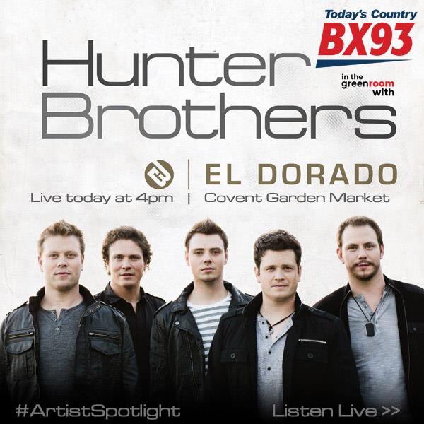 PureCountry93's tweet photo. 4pm today! Meet the @HunterBrosDaily, listen to their single #ElDorado and get pictures and autographs @anicolebell https://t.co/Vq5gSA5823
