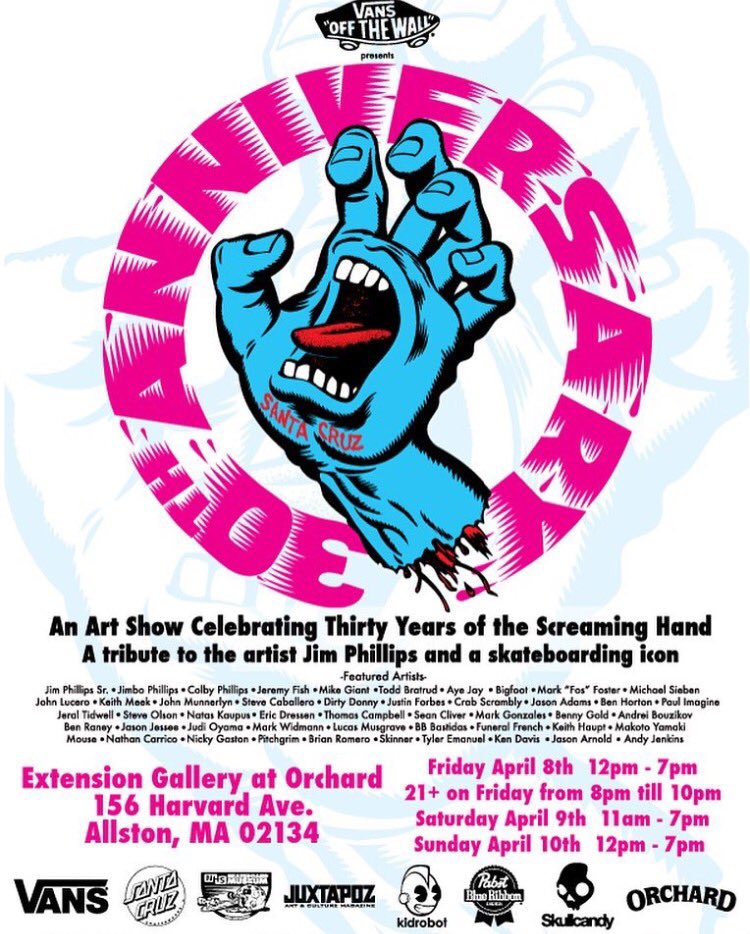 santacruzskate's tweet photo. Boston... this Friday! The #ScreamingHandArtShow presented by @vans is coming to the #ExtensionGallery @orchardshop https://t.co/W0ZcuO0Daa