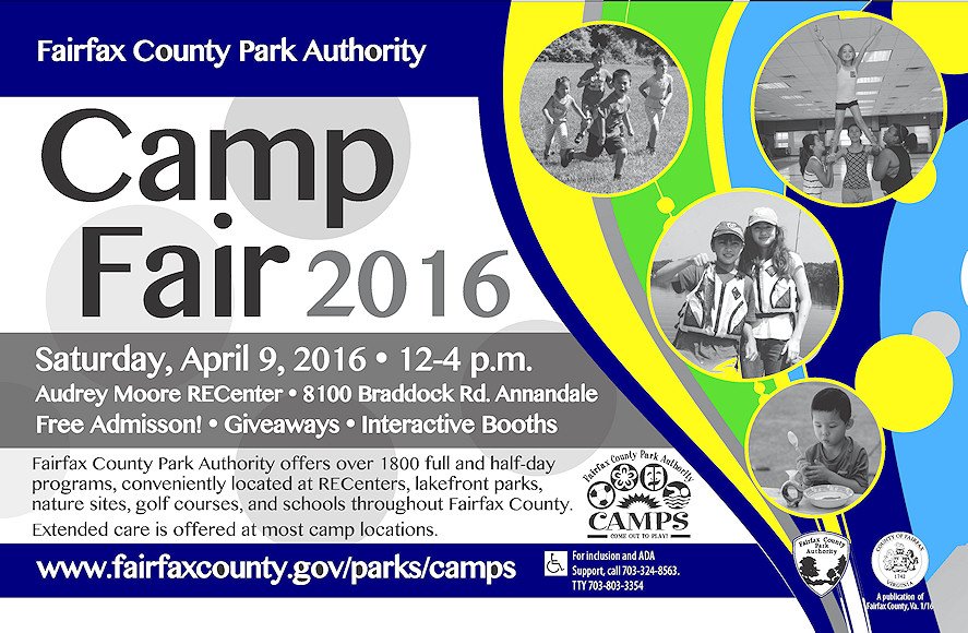 fairfaxparks's tweet photo. Still need a camp for the kids this summer? Our camp fair at #AudreyMoore RECenter is on 4/9. One stop-shop. https://t.co/QlTledfNgy