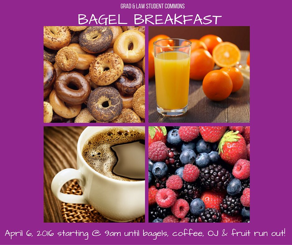 Stop by SLP 401, tomorrow, Wed. Apr. 6th @ 9am for Bagel Breakfast! That's right free bagels, coffee &amp; OJ!
