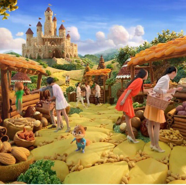 We made 4 separate scenes to build the full view seen. Land go nuts for the 3 Squirrels and Carl Warner.