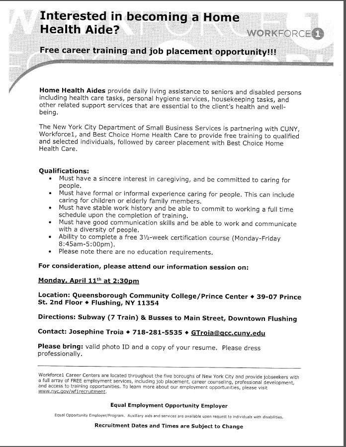 ComLinksNYC's tweet photo. Home health aid training at @QCC_CUNY If interested, must attend orientation session on Monday, April 11th. https://t.co/rSOqLhTdcF