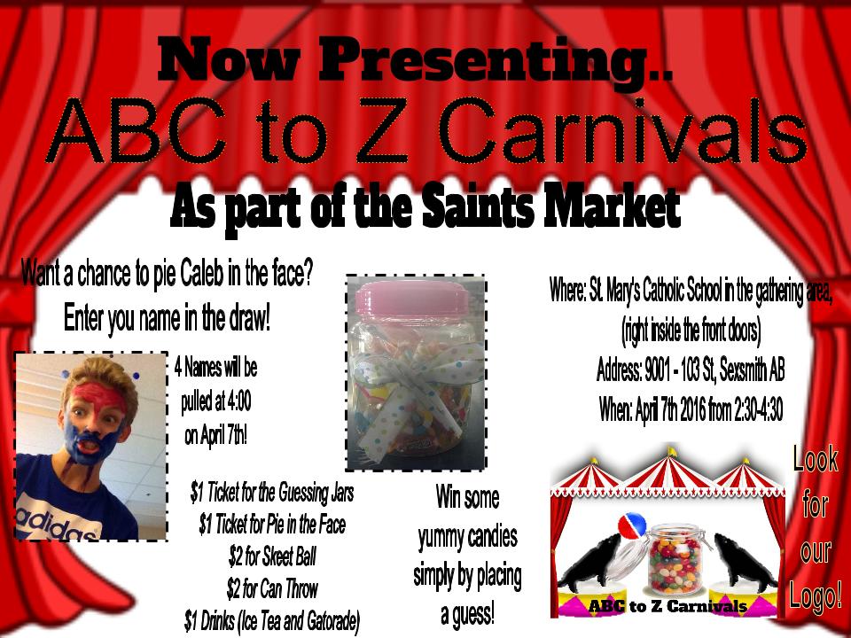 brynna_nelson's tweet photo. Want to have fun? Want to #piecaleb in the face? Come on down to #ABCtoZ Carnivals! #Saintsmarket #stmaryssexsmith https://t.co/Z3Xuu5VSxJ