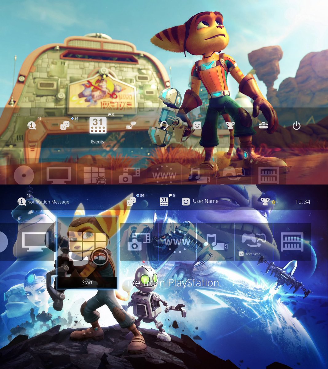 PlayStation's tweet image. Ratchet &amp;amp; Clank launches next week! Set the stage with a free Theme for your PS4: play.st/23ezliI