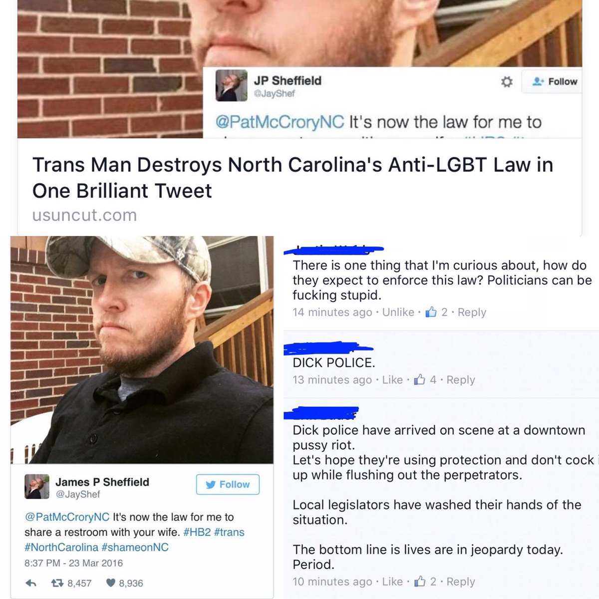 rockhollywood8's tweet photo. For the good of humanity, let's make #DickPolice viral. #HB2 #NorthCarolina #trans #shameonNC https://t.co/eQE1NsLtX0