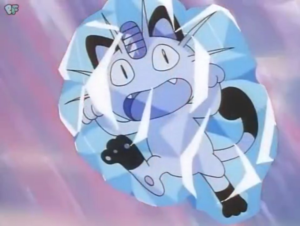 イベルタル イベさん 無印時代のポケモンより ニャース ロケット団のではない の氷漬け ポケモンアニメで初めてれいとうビーム が使われた回でさらに初めて氷漬けになったポケモンがニャースだったりする れいとうビームなんだけどどう見ても水鉄砲にしか