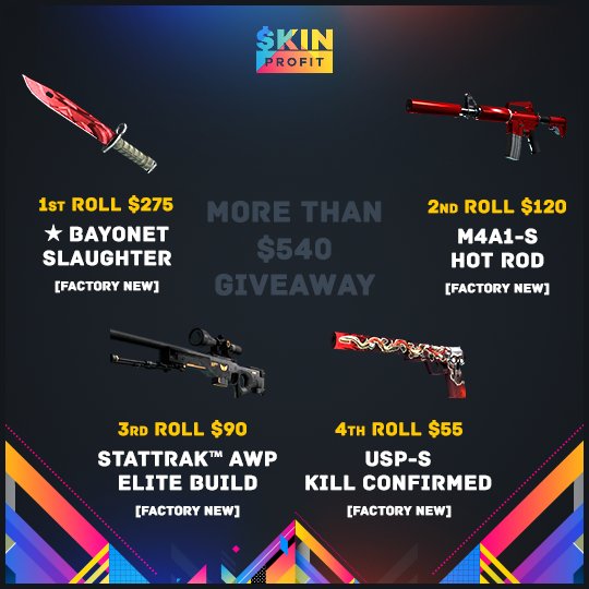 SkinProfit's tweet photo. GIVEAWAY! WIN 4 SKINS worth more than 540$!-  https://t.co/kXIwoHJaLT    CHECK IT NOW! Bayonet Slaughter, M4 Hot Rod https://t.co/zpzKmuhQFh