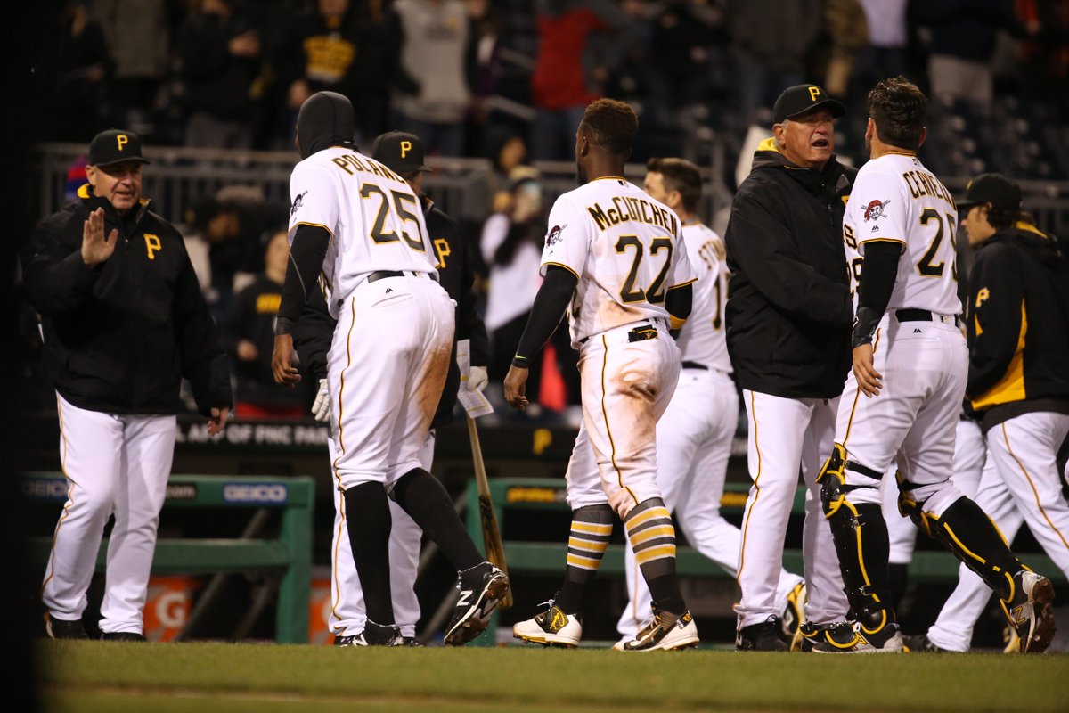 Pirates's tweet photo. WALK 
IT
OFFFFFF

#RAISEIT 

@jordy_mercer with the RBI rope and we're going home happy! https://t.co/yQWIU89vyH