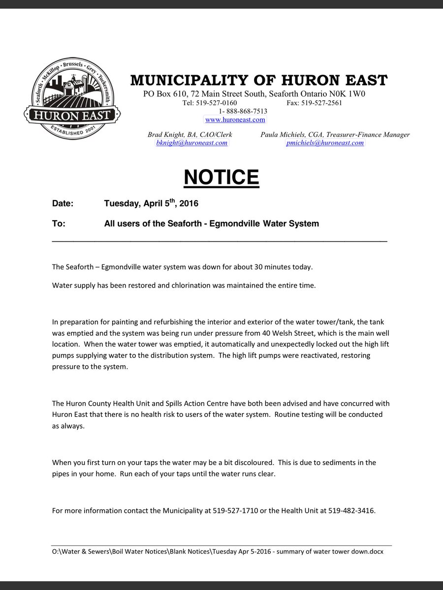 huroneastfire's tweet photo. Seaforth and Egmondville water is back in service.  Thank you for your patience.  See attached for details. https://t.co/eBwzfDaBKf