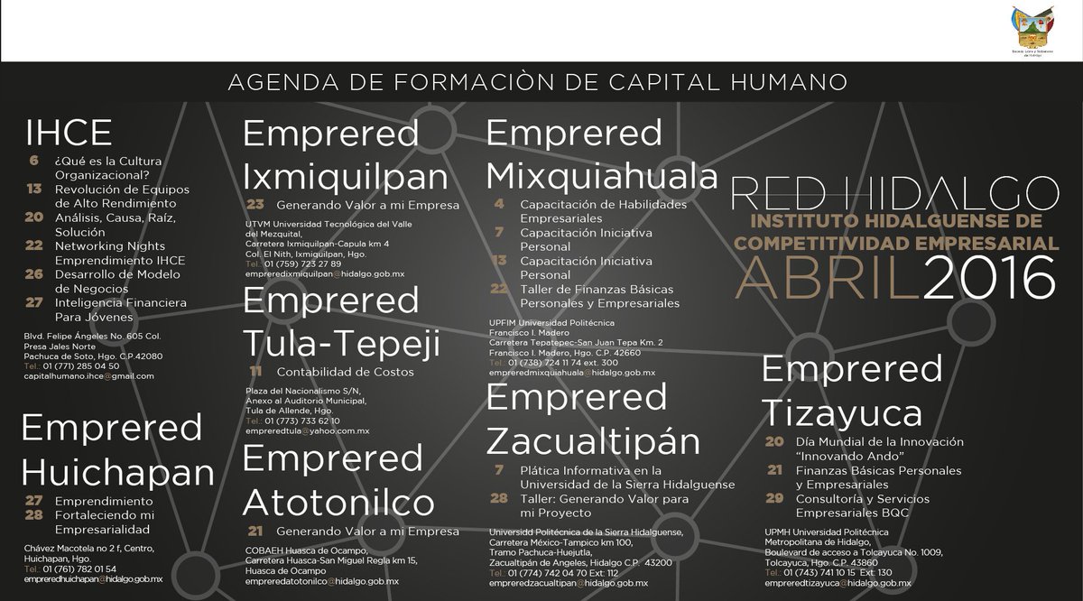 IHCEHidalgo's tweet photo. Conoce el calendario de #cursos y #talleres del mes de abril que se impartirán en el #IHCE y #Emprered @Sedeco_Hgo https://t.co/0eonRXgT7c