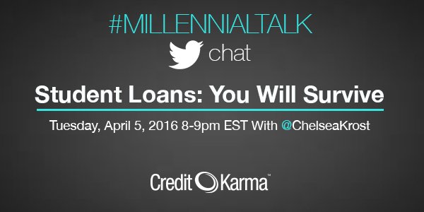 ChelseaKrost's tweet photo. Feel tied down by your #studentloan- Join us at 8 pm ET on #MillennialTalk w/ @creditkarma #ad ##millennials https://t.co/HNLw4adCyv