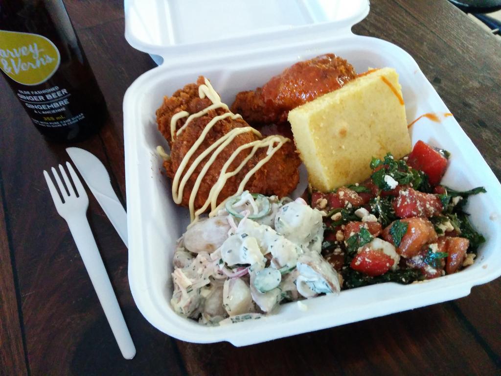 Fried chicken from a doughnut shop! <a href="/suzyqdoughnuts/">SuzyQ Doughnuts</a> hosting <a href="/ElmdaleTavern/">Elmdale Oyster House</a> #potatoSald #cornBread #watermelonSalad