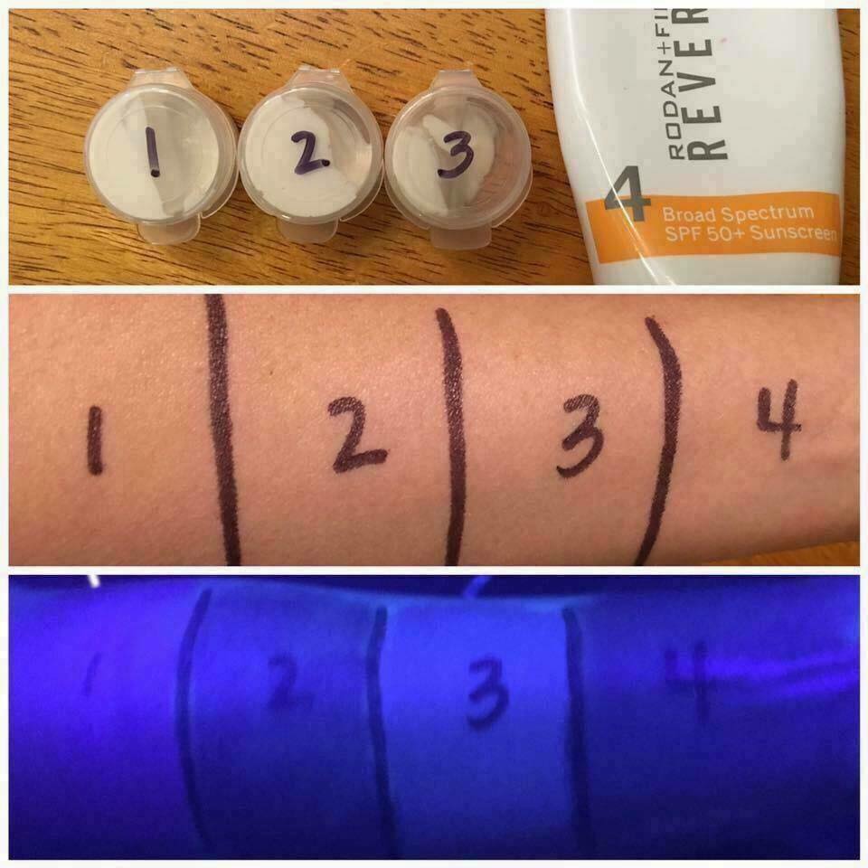 back2simple's tweet image. All 4 of these are broad spectrum spf 50 - under a black light to show protection. buff.ly/1WafcIs