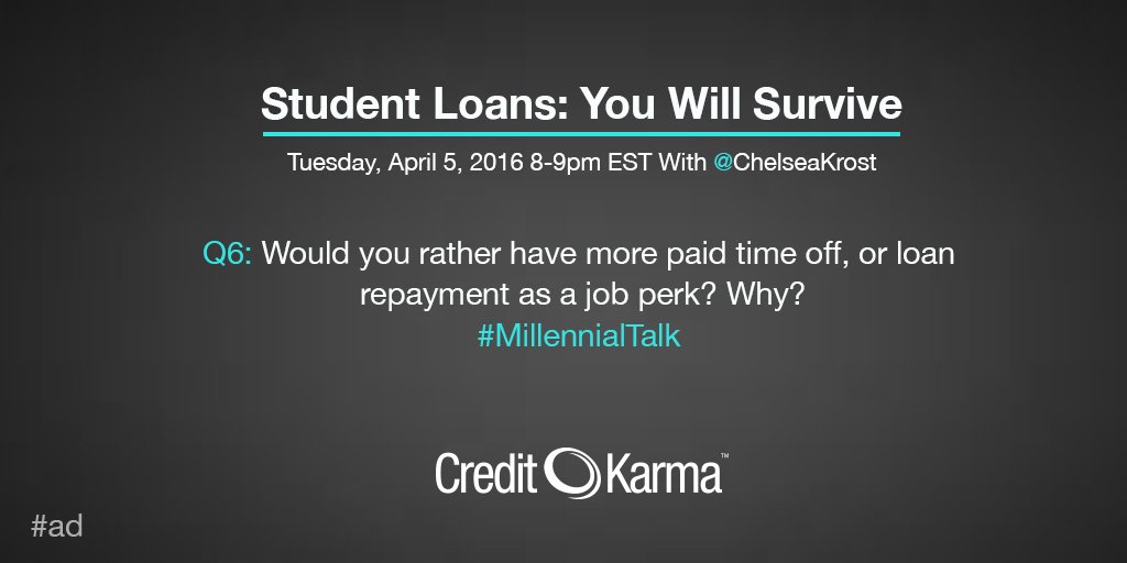 ChelseaKrost's tweet image. Q6. Would you rather have more paid time off, or loan repayments as a job perk? Why? #Millennialtalk #Ad