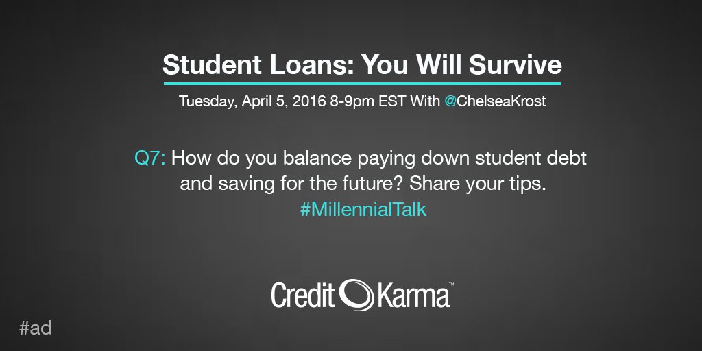 ChelseaKrost's tweet image. Q7. How do you balance paying down student debt with saving for the future? Share your tips. #Millennialtalk #Ad