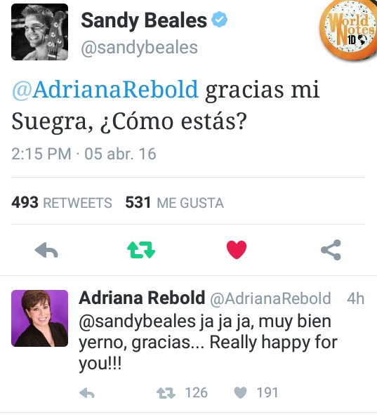 WorldNotes1D's tweet photo. Nuestro @sandybeales & su suegra @AdrianaRebold intercambiaron palabras en Español en twitter #COLOMBIAPAPI ♡ https://t.co/Ck8nJfUO14