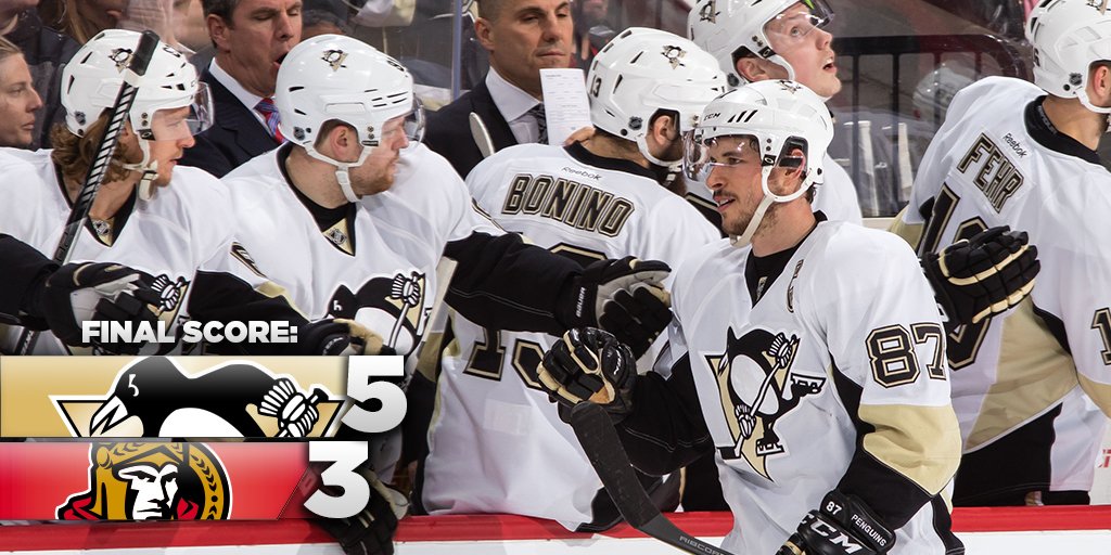 penguins's tweet image. Game, set, match! The #Pens defeat the Sens after scoring 5 unanswered goals.